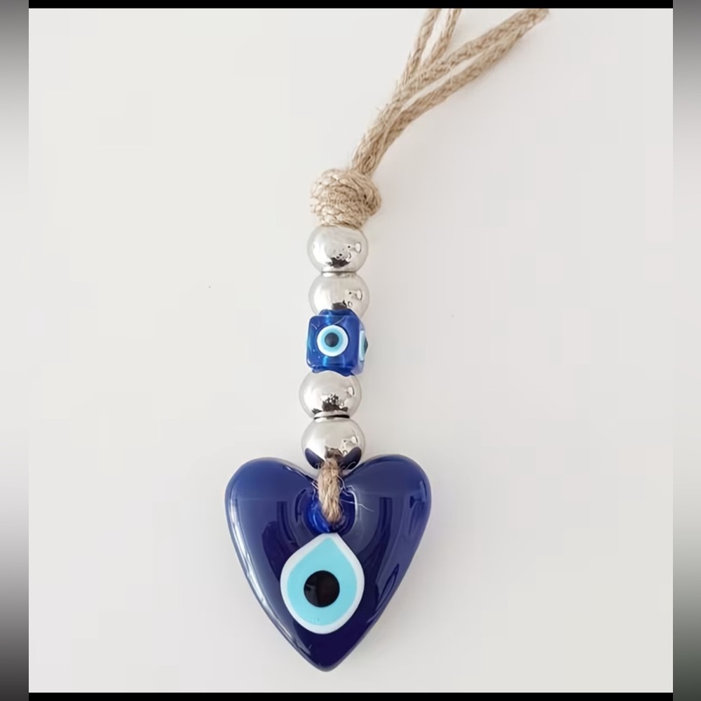 1 Handmade GREEK Glass Blue Evil Eye Heart Worried Bead ornament NW last one 7” - Picture 3 of 7